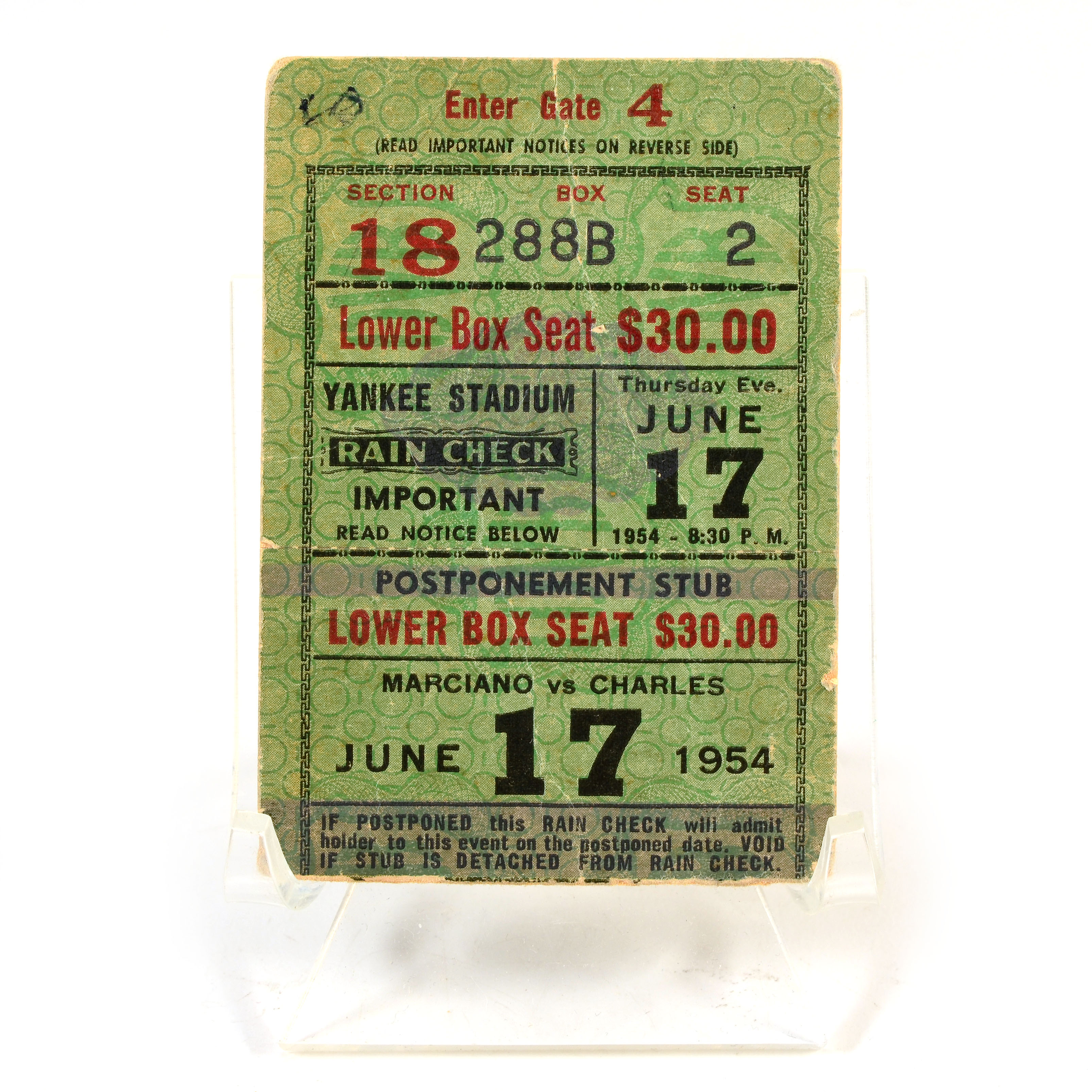 1954 Marciano Vs. Charles Heavyweight Title Ticket Stub