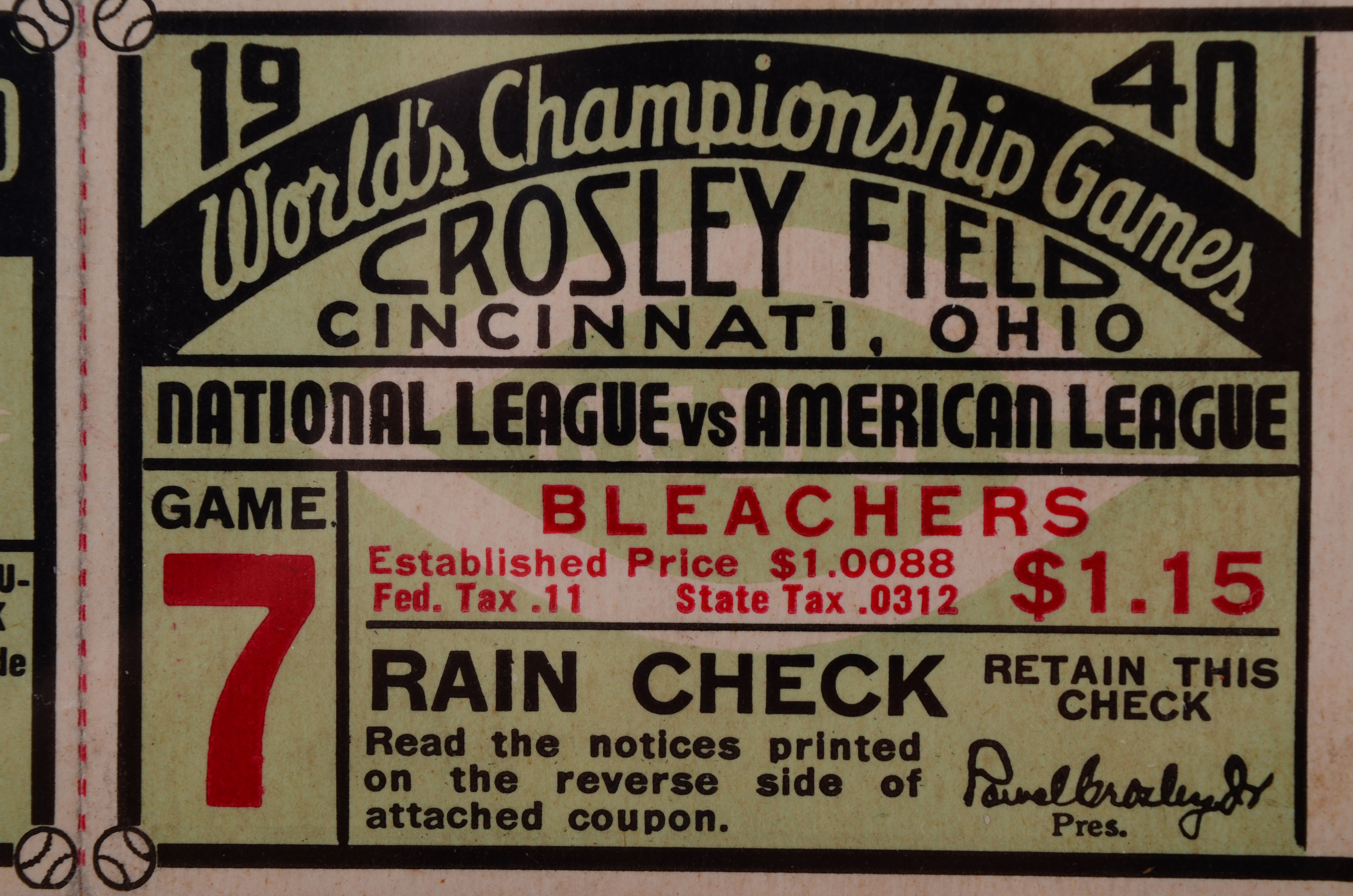 1940 Cincinnati Reds Vs. Detroit Tigers World Series Ticket