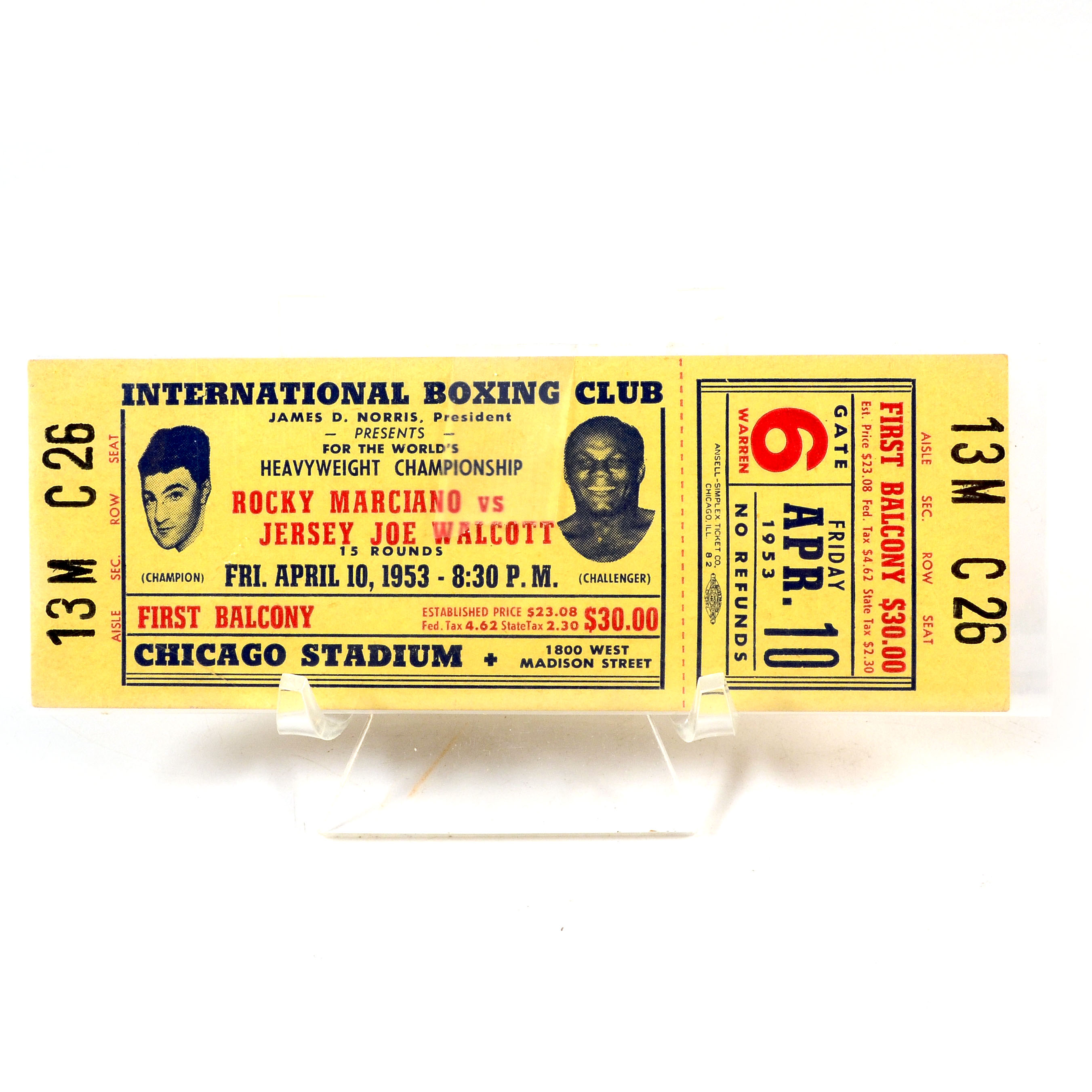 1953 Rocky Marciano Vs. Joe Walcott Boxing Ticket