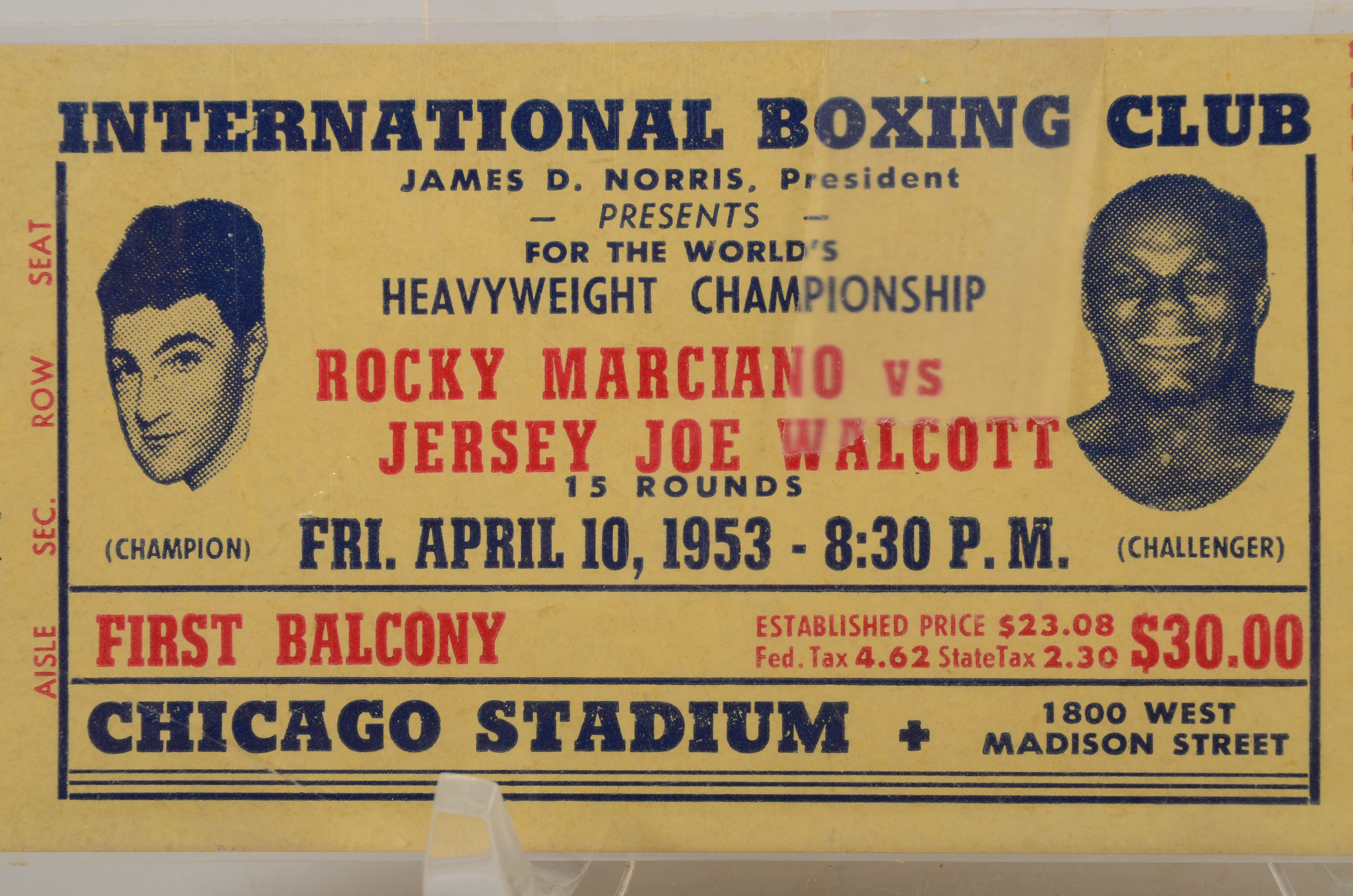 1953 Rocky Marciano Vs. Joe Walcott Boxing Ticket
