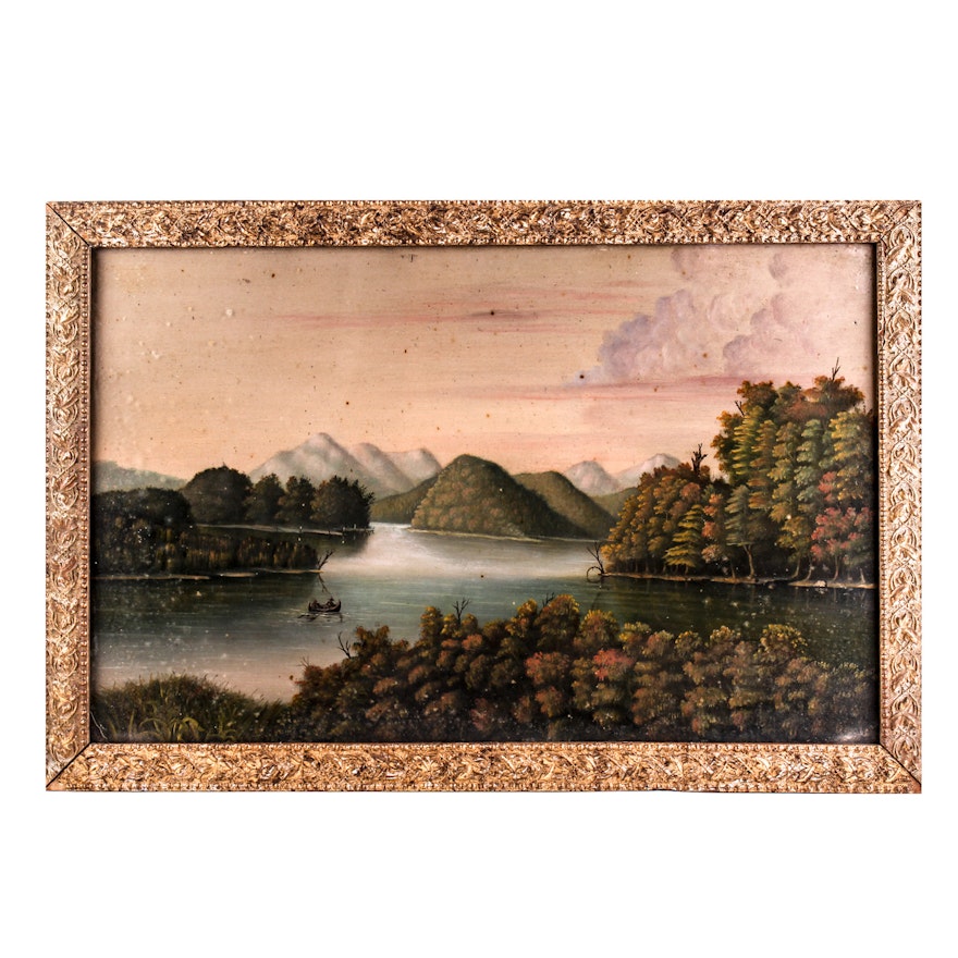 19th Century Oil on Board of Chinese Fall Landscape