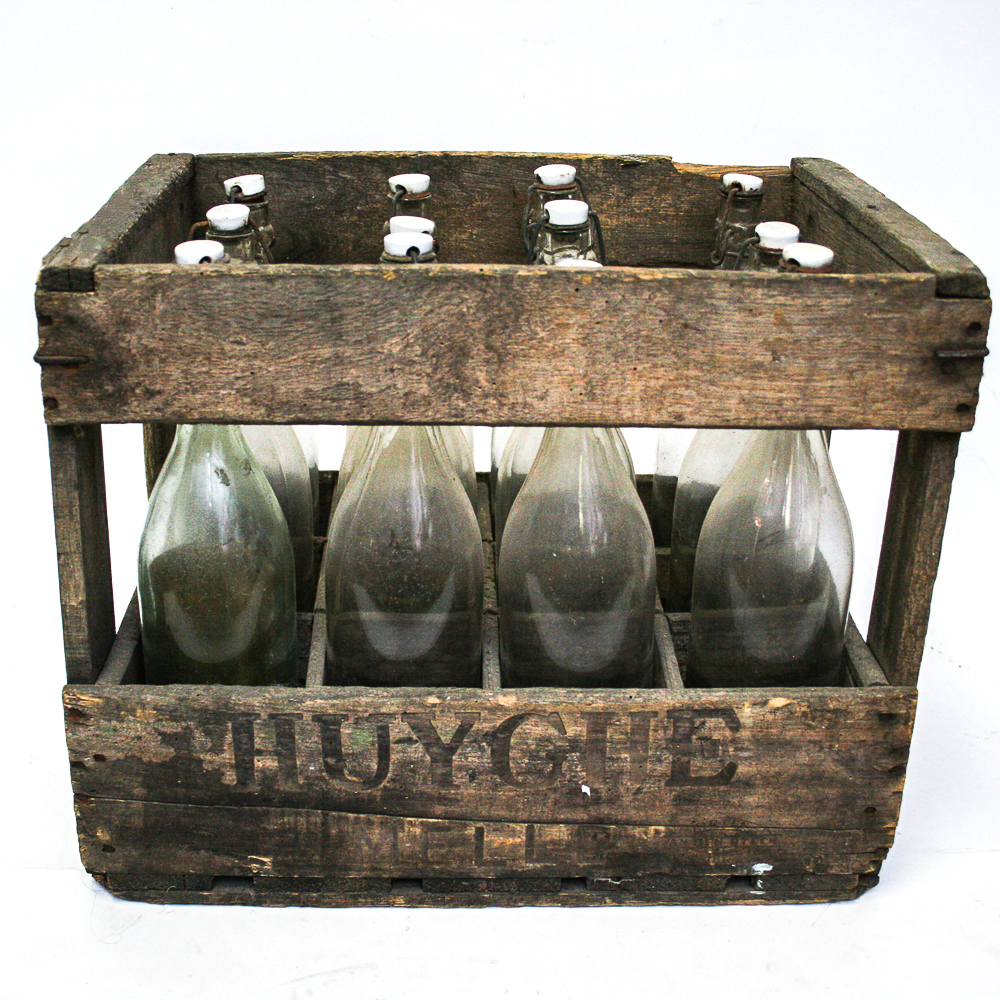 Vintage Hughe Brewery Wooden Crate with Bottles