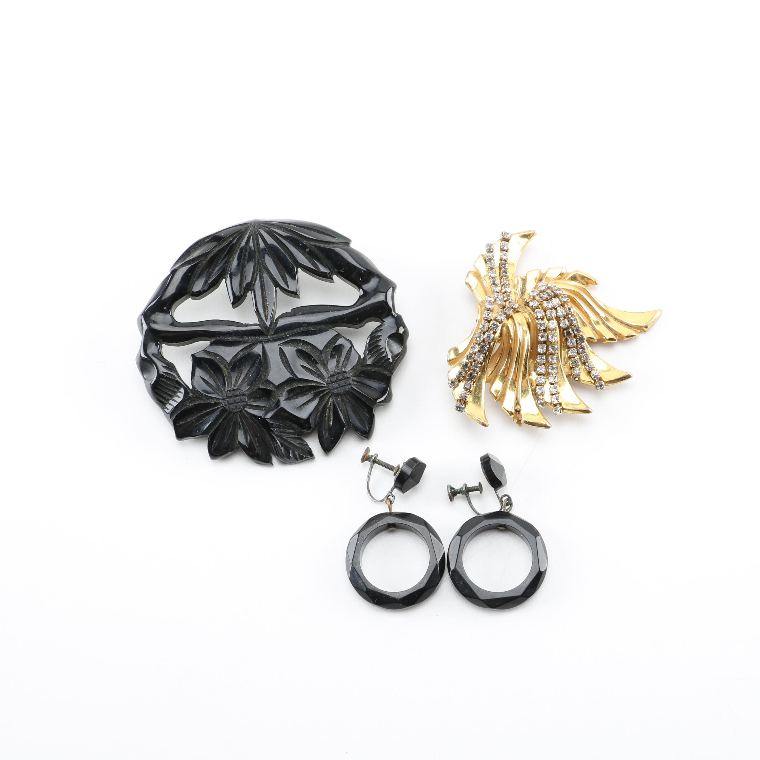 Bakelite Earrings and Brooches Including Miriam Haskell