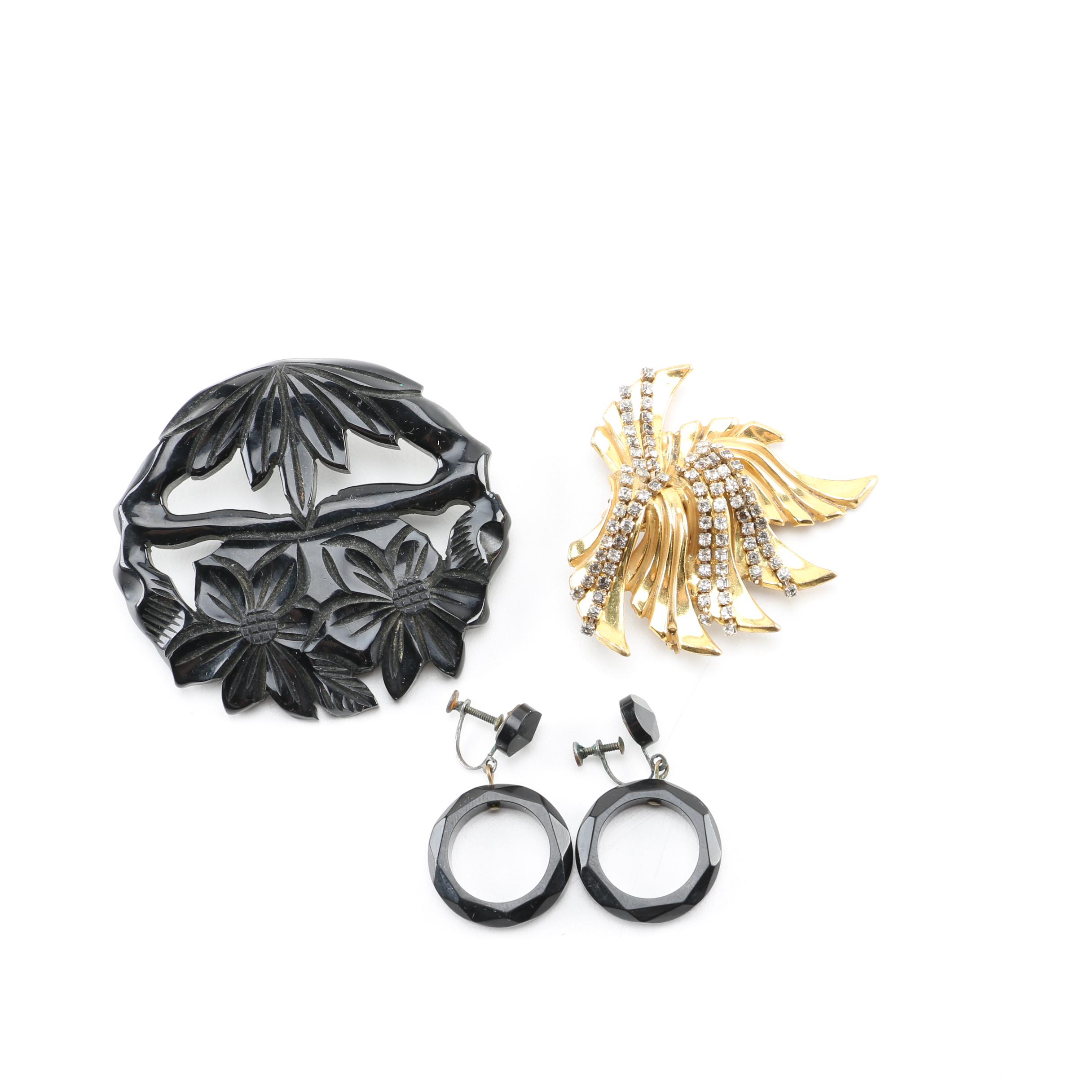 Bakelite Earrings and Brooches Including Miriam Haskell