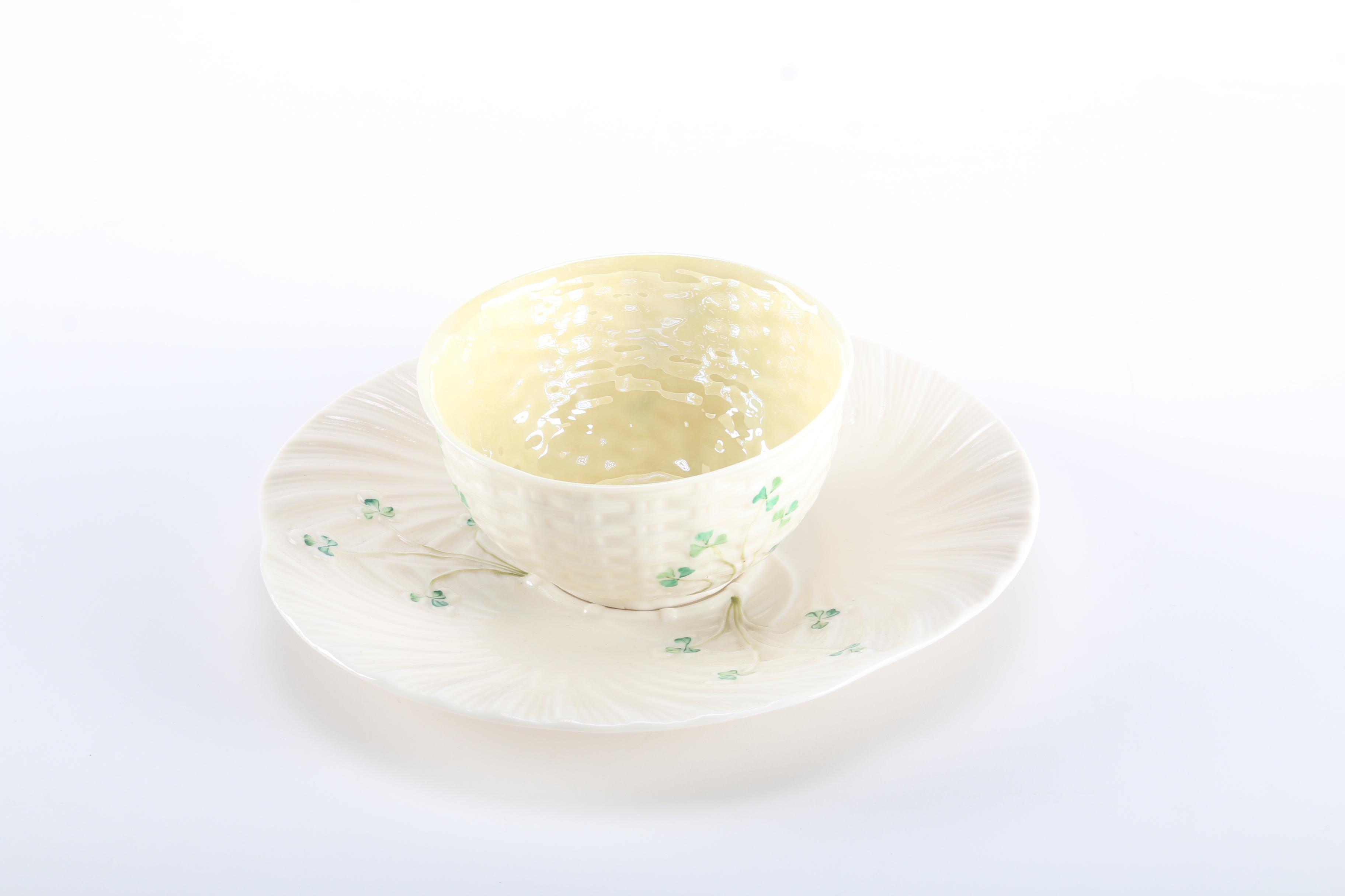 Belleek Ireland "Harp Shamrock" Coupe Cereal Bowl and Plate