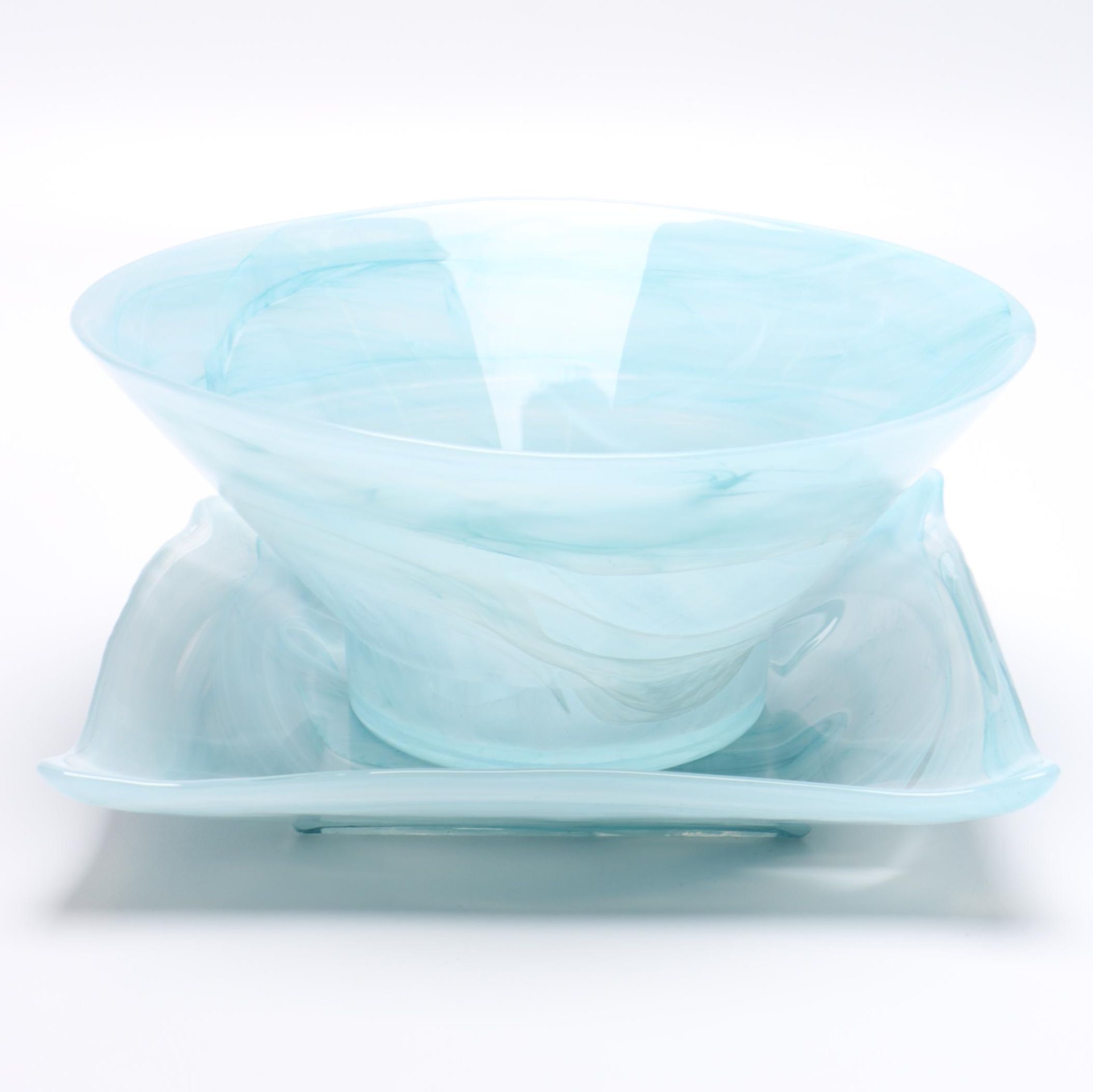 Handmade Blue Art Glass Bowl and Saucer