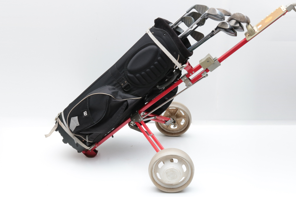 Foldable Two Wheel Push/Pull Wilson Golf Cart with Wilson Bag and Variety of Clubs