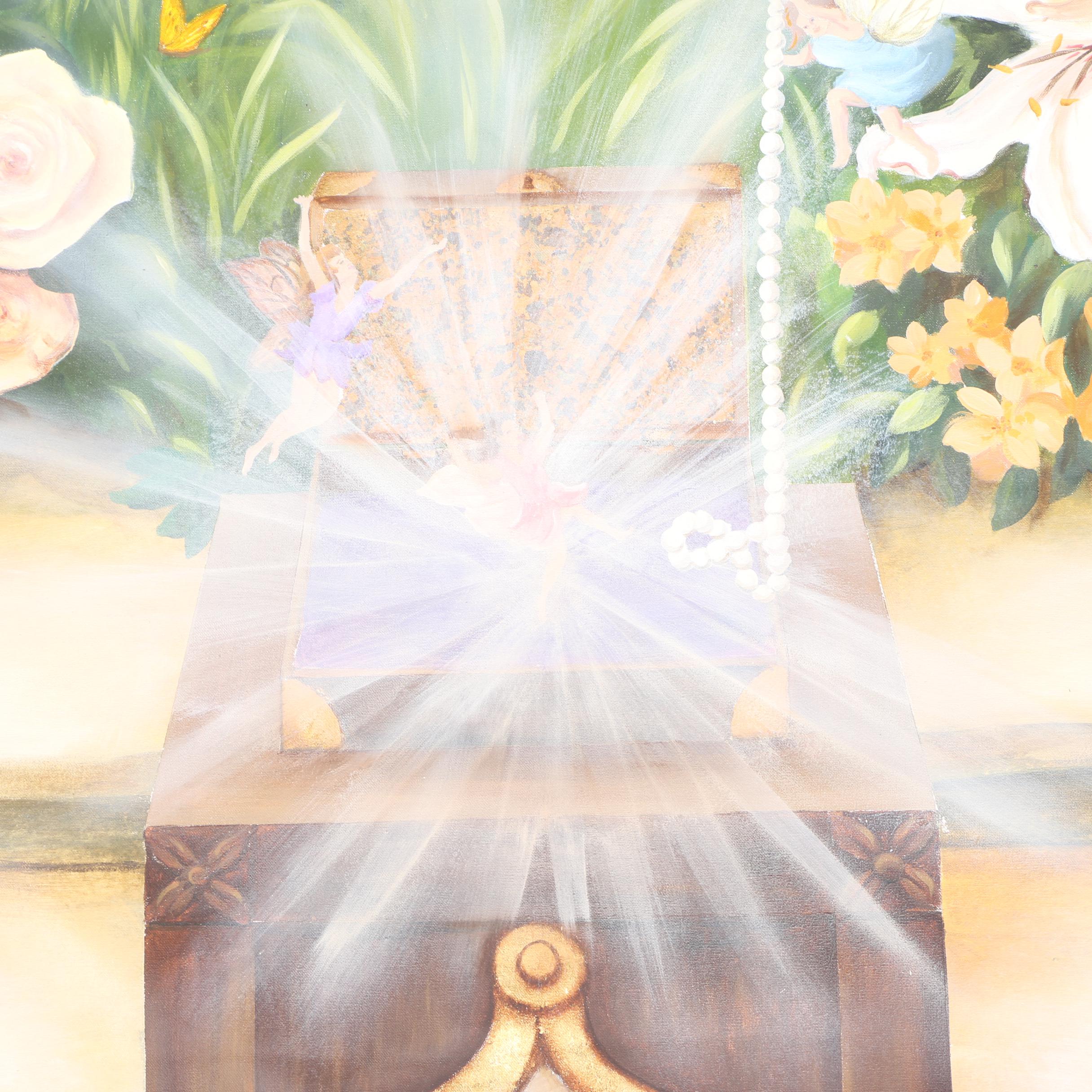 Unframed Acrylic Painting on Canvas of Fairies in an Idyllic Landscape