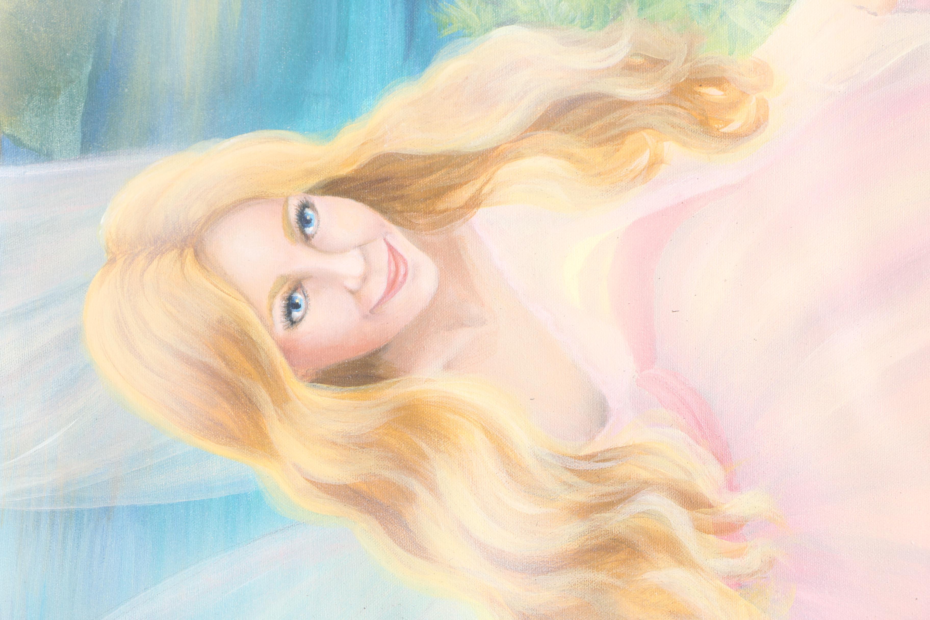 Unframed Acrylic Painting on Canvas of Fairies in an Idyllic Landscape