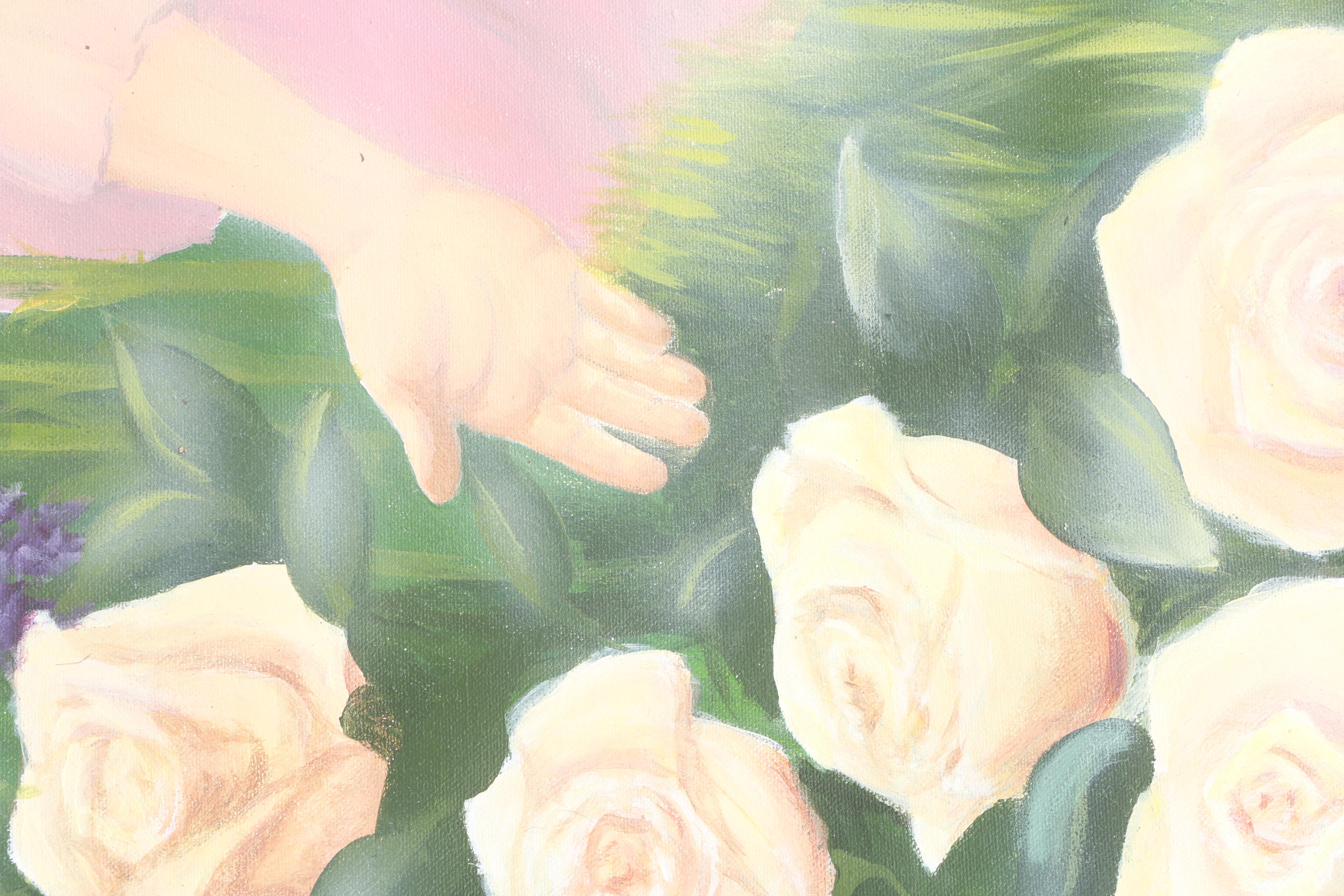 Unframed Acrylic Painting on Canvas of Fairies in an Idyllic Landscape