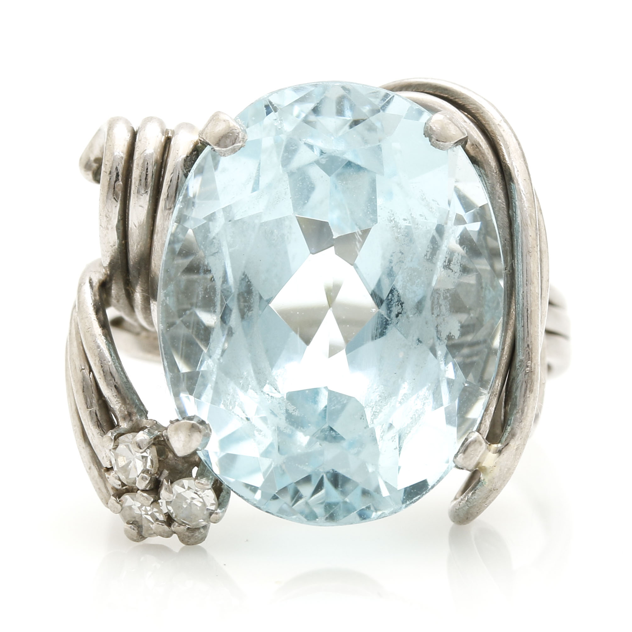 14K White Gold Palladium Plated 14.35 Carat Aquamarine and Diamond Ring