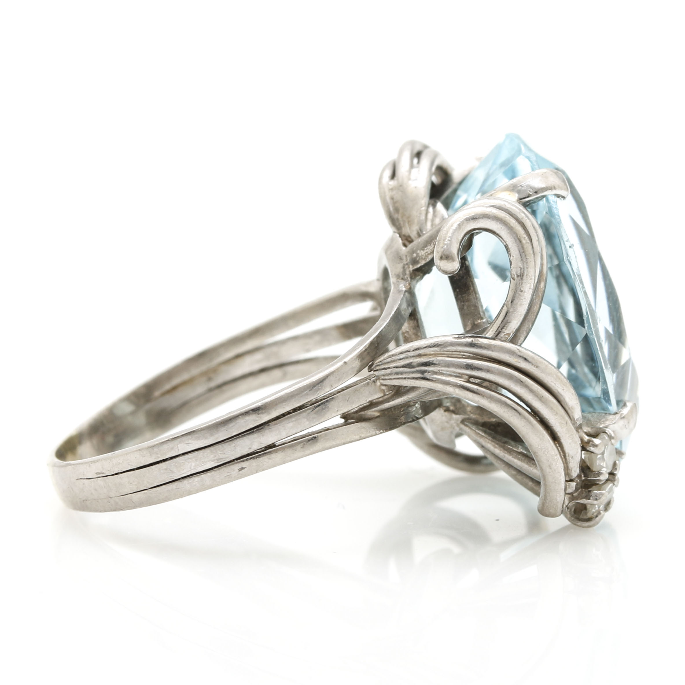 14K White Gold Palladium Plated 14.35 Carat Aquamarine and Diamond Ring