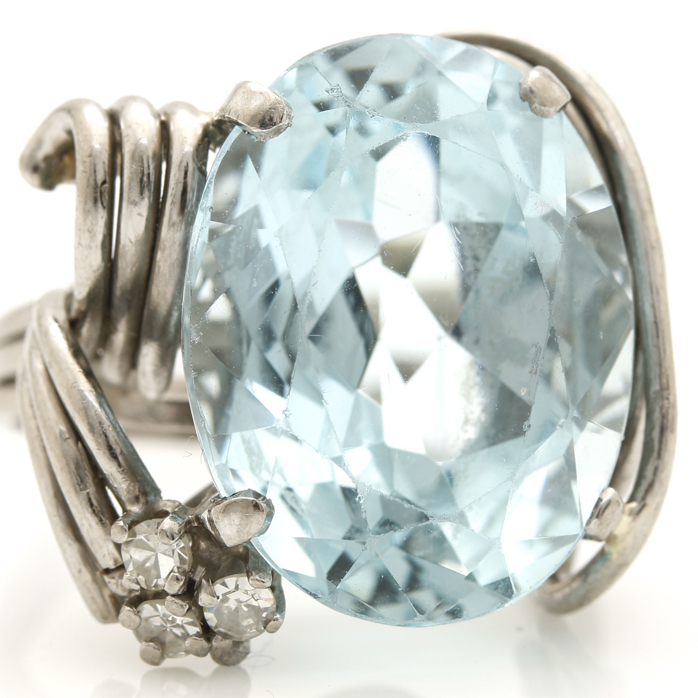 14K White Gold Palladium Plated 14.35 Carat Aquamarine and Diamond Ring