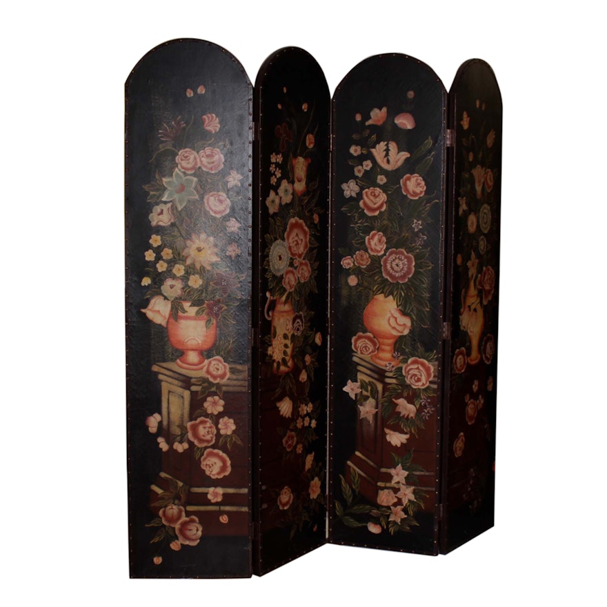 Hand-Painted Floral Folding Screen