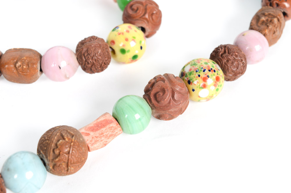 Antique Filipino Carved Wood and Glass Bead Necklace