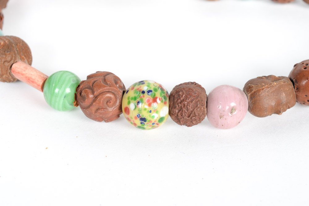 Antique Filipino Carved Wood and Glass Bead Necklace