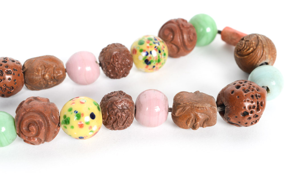 Antique Filipino Carved Wood and Glass Bead Necklace