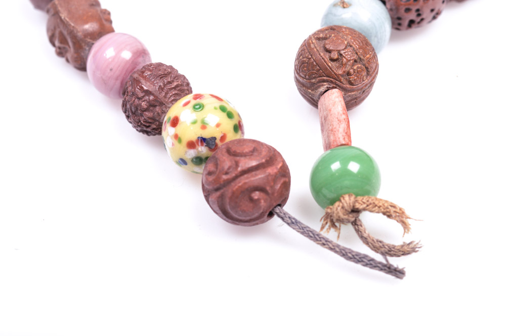 Antique Filipino Carved Wood and Glass Bead Necklace