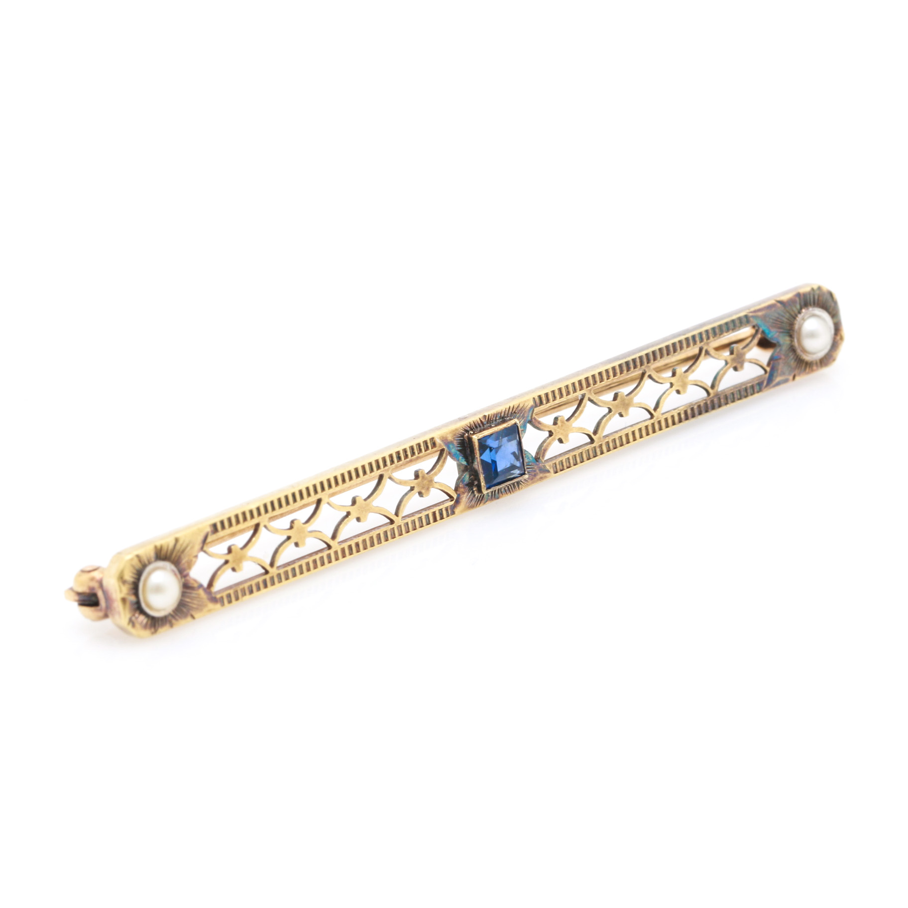 Art Deco 14K Yellow Gold Sapphire and Seed Pearl Brooch