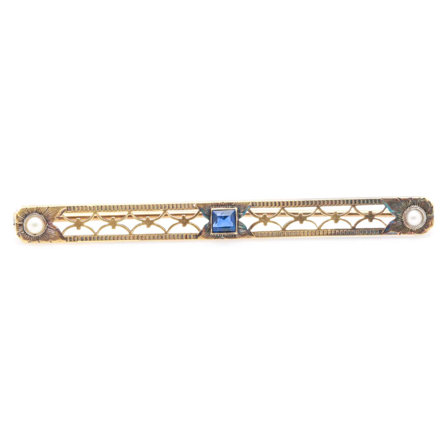 Art Deco 14K Yellow Gold Sapphire and Seed Pearl Brooch