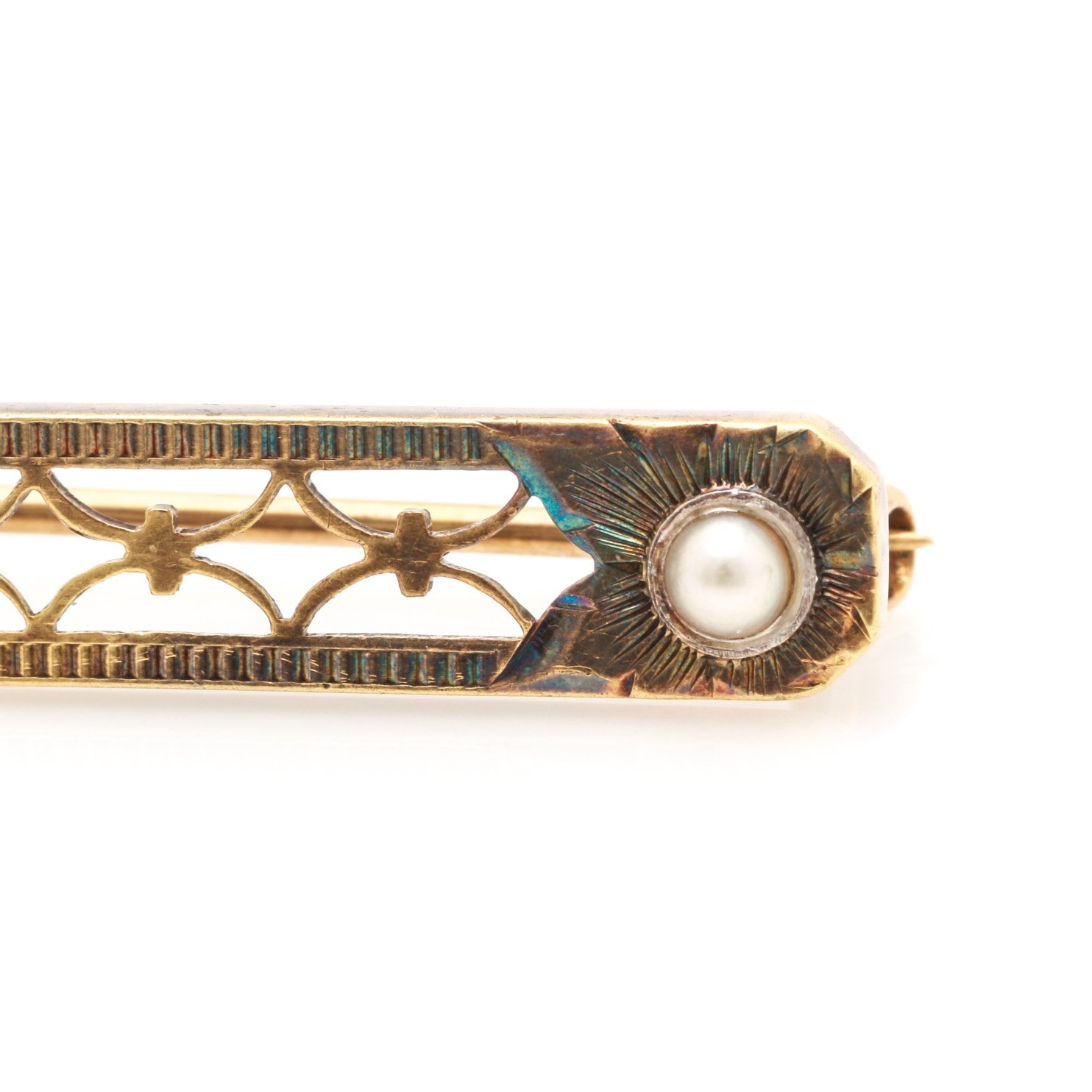 Art Deco 14K Yellow Gold Sapphire and Seed Pearl Brooch