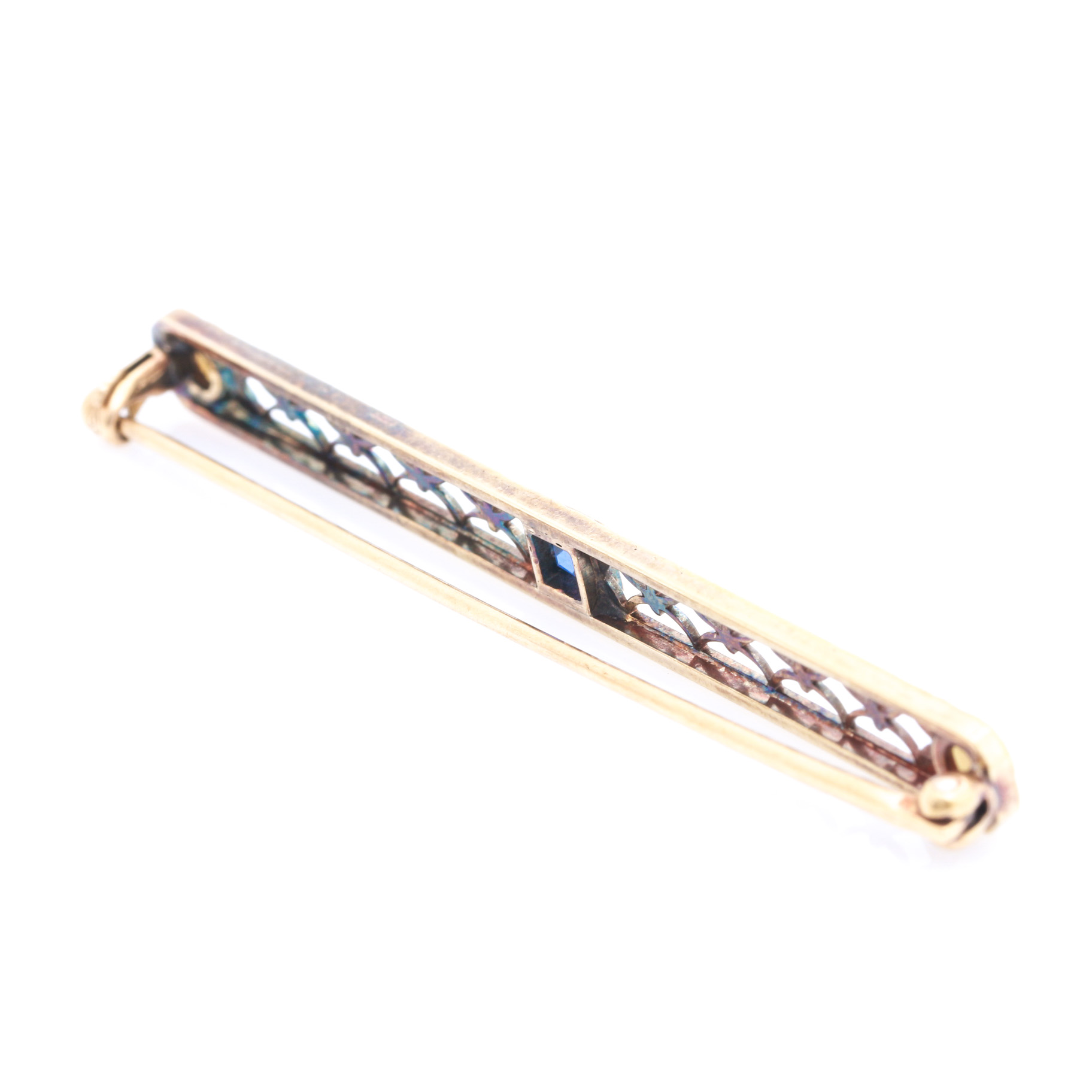 Art Deco 14K Yellow Gold Sapphire and Seed Pearl Brooch