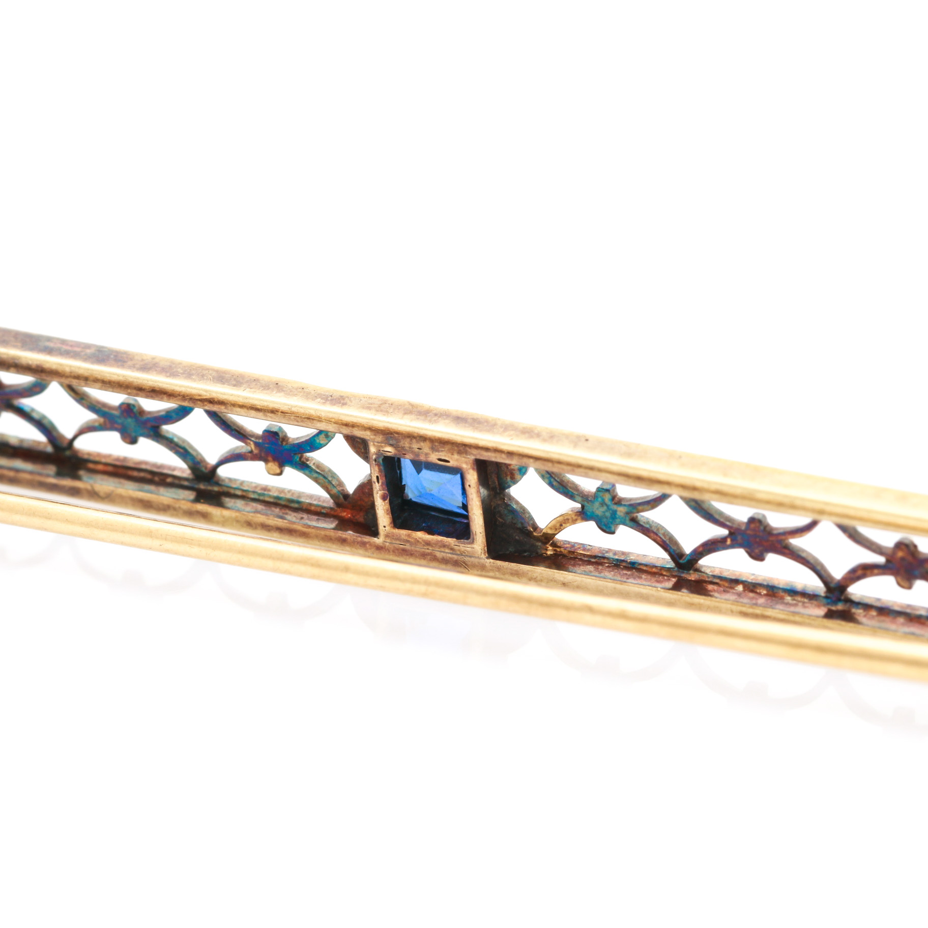 Art Deco 14K Yellow Gold Sapphire and Seed Pearl Brooch