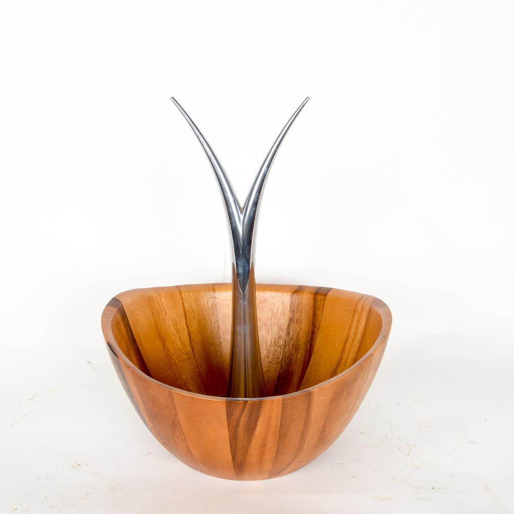 Nambe Wooden Fruit Tree Bowl with Metal Alloy Center