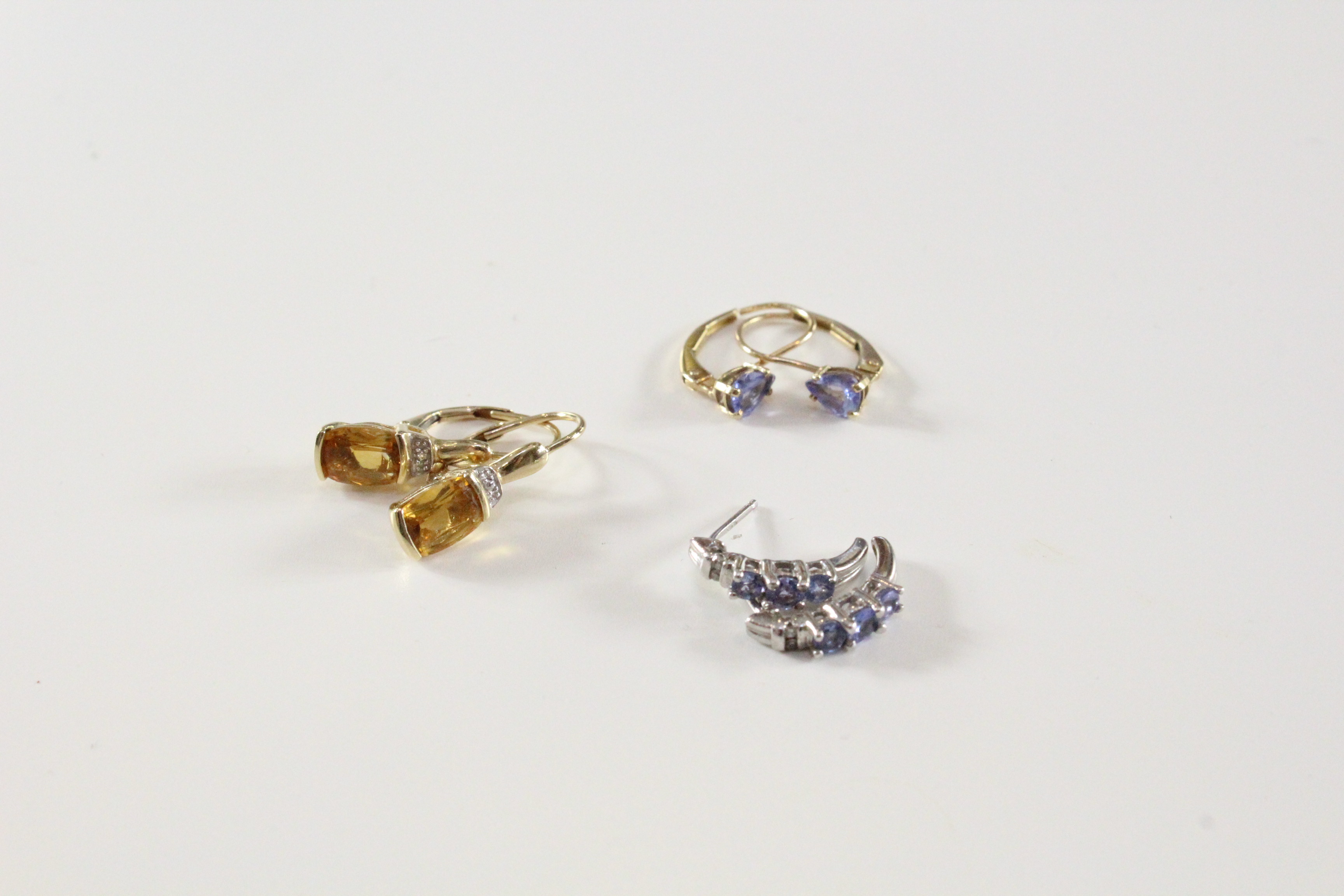 Three Pair of 10K Gold Tanzanite and Citrine Earrings