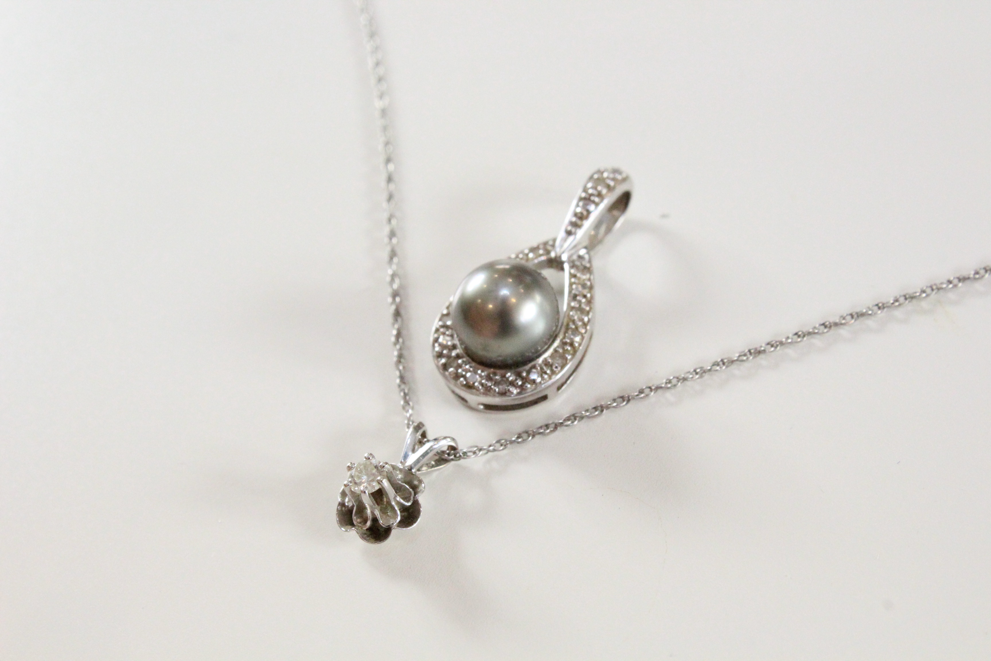 14K White Gold Pendant Necklace and Tahitian Black Pearl Pendant