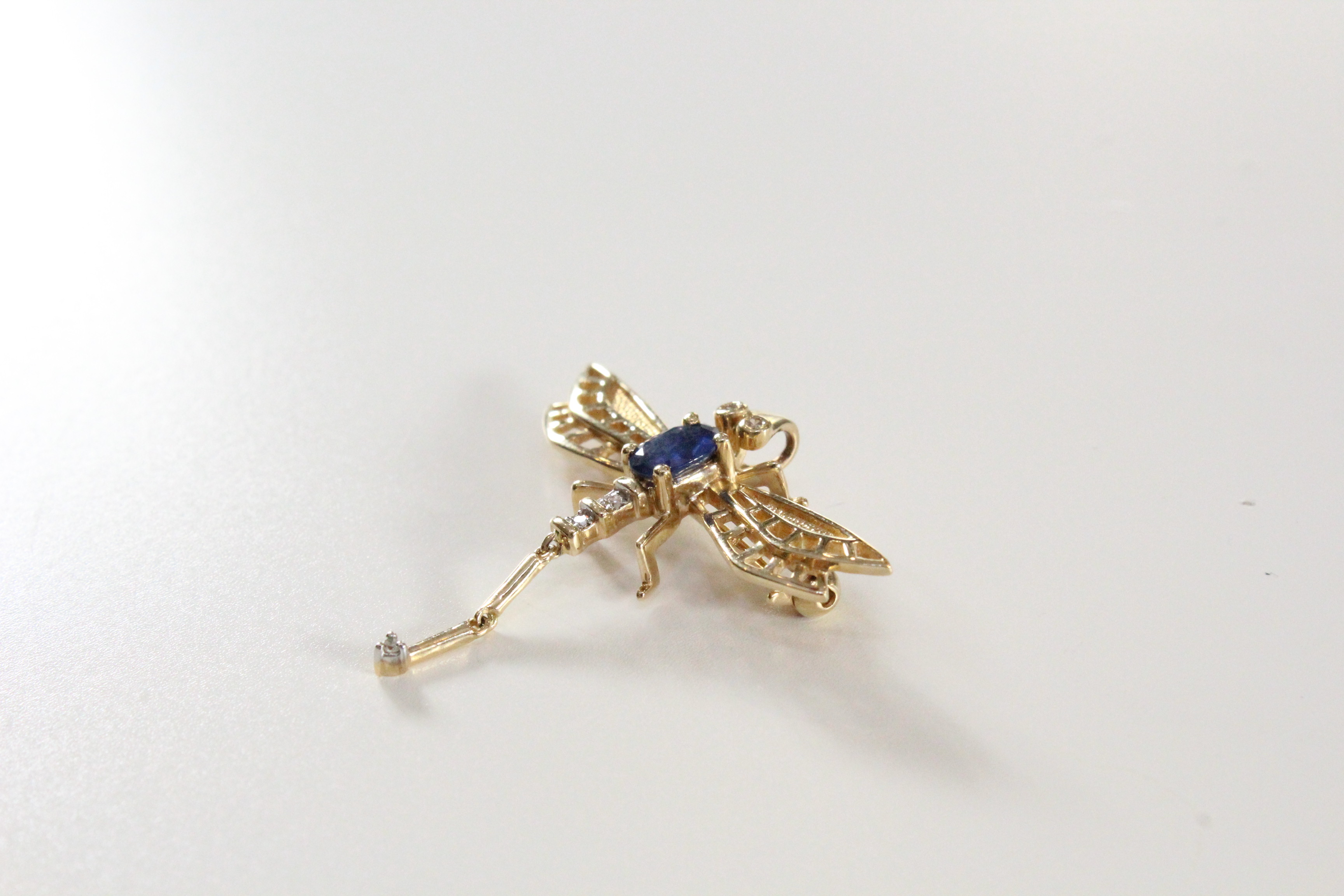 14K Diamond and Sapphire Dragonfly Pin