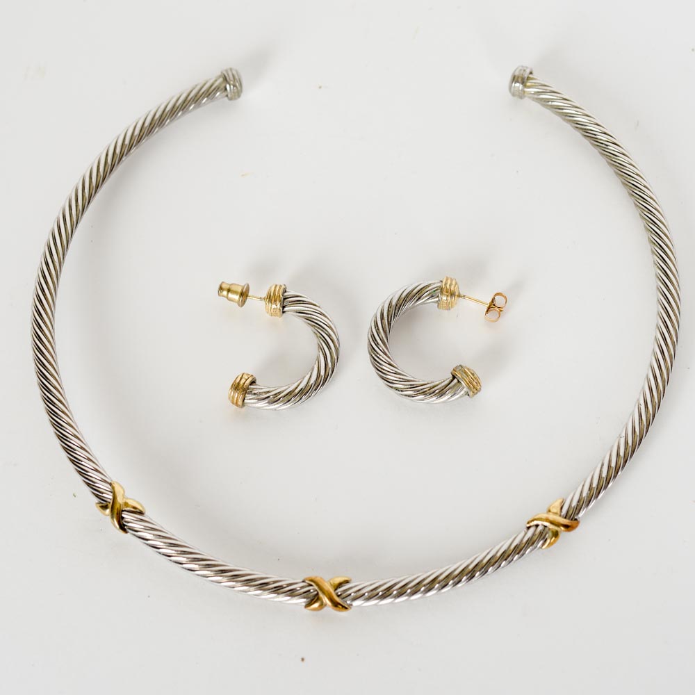 Silver and Gold Tone Necklace and Earrings