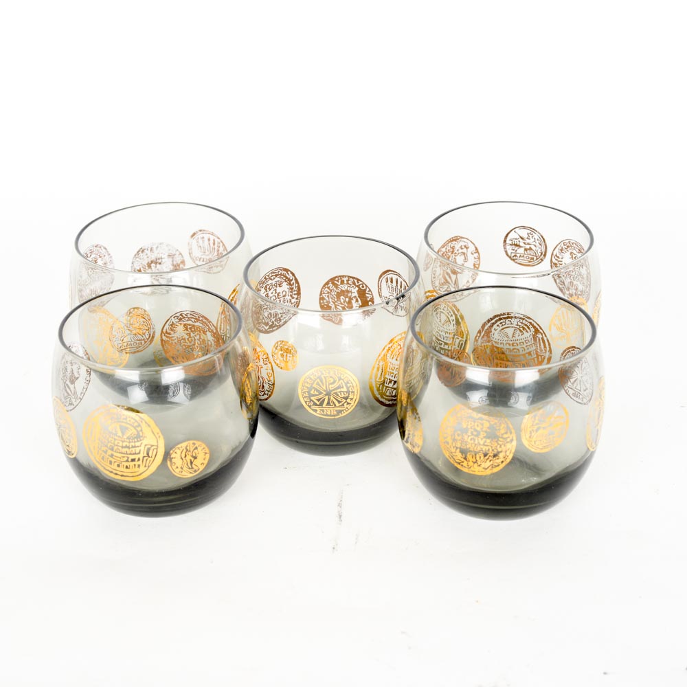 Five Mid-Century Smoky Tumblers with Gilt Accents