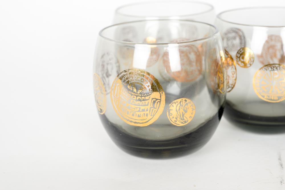 Five Mid-Century Smoky Tumblers with Gilt Accents