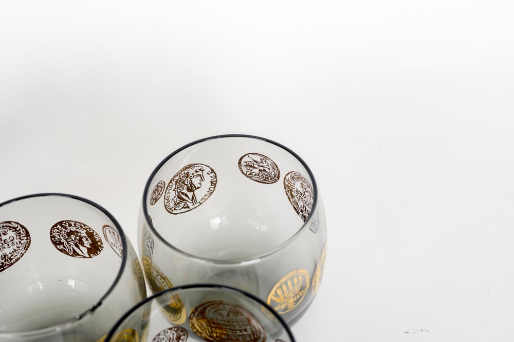 Five Mid-Century Smoky Tumblers with Gilt Accents