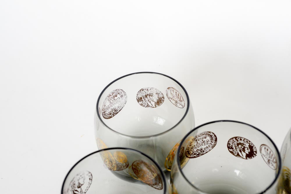 Five Mid-Century Smoky Tumblers with Gilt Accents