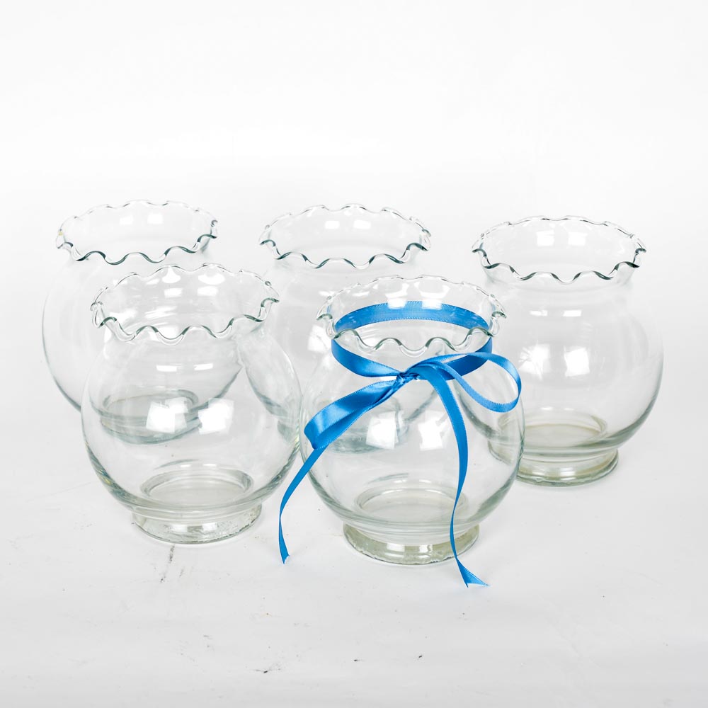 Five Ruffle Neck Glass Vases