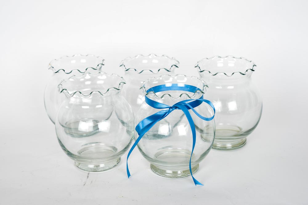 Five Ruffle Neck Glass Vases