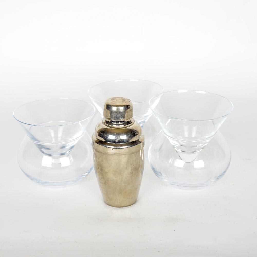 Set of Stemless Martini Glasses with Ice Bowls and Cocktail Shaker
