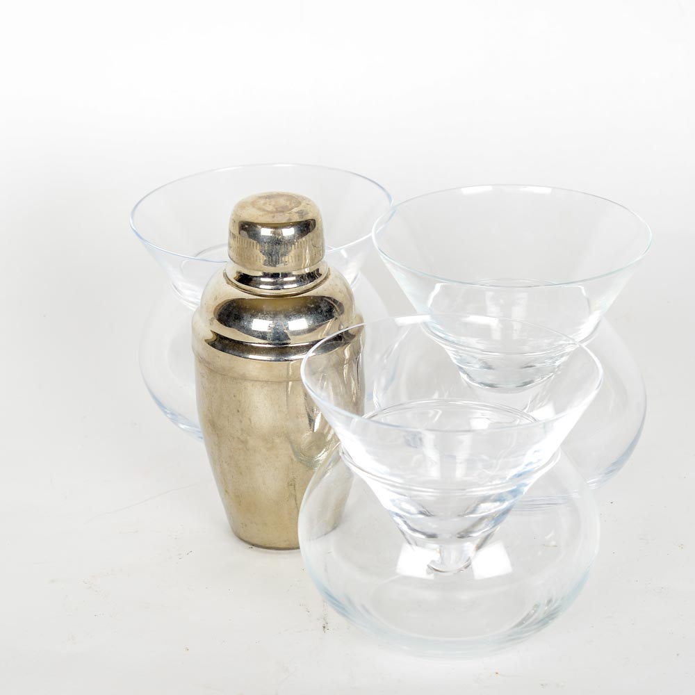 Set of Stemless Martini Glasses with Ice Bowls and Cocktail Shaker