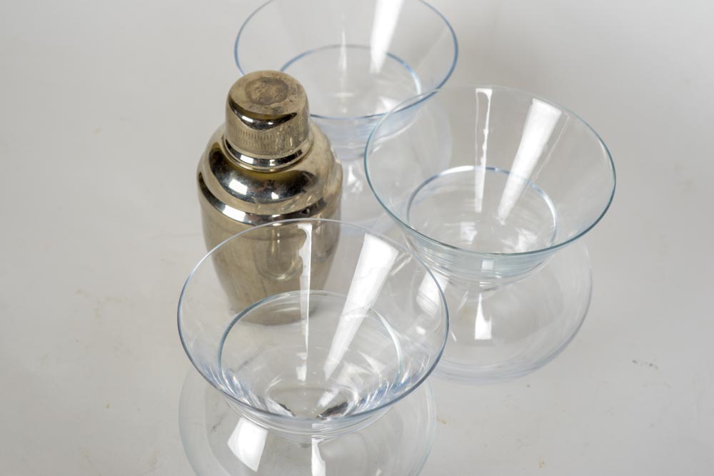 Set of Stemless Martini Glasses with Ice Bowls and Cocktail Shaker