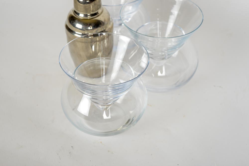 Set of Stemless Martini Glasses with Ice Bowls and Cocktail Shaker