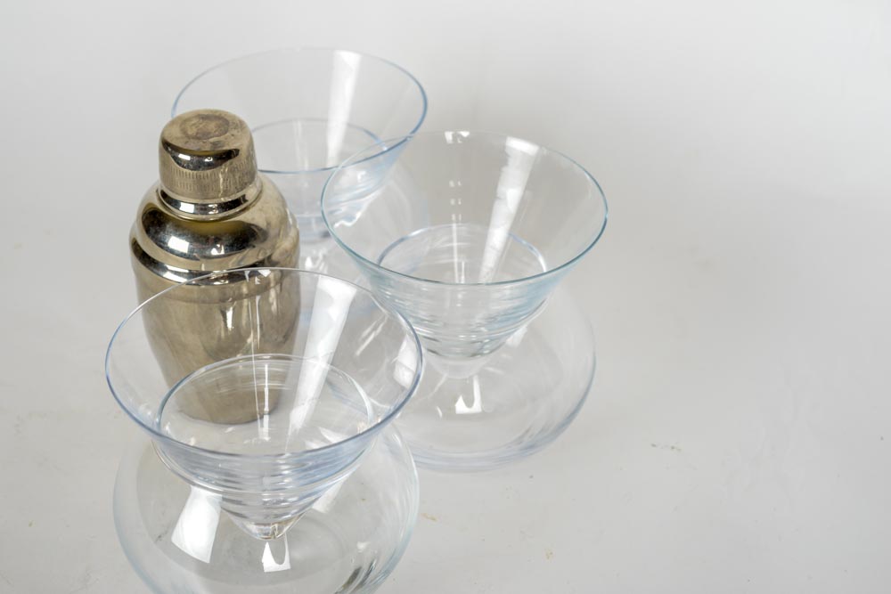Set of Stemless Martini Glasses with Ice Bowls and Cocktail Shaker