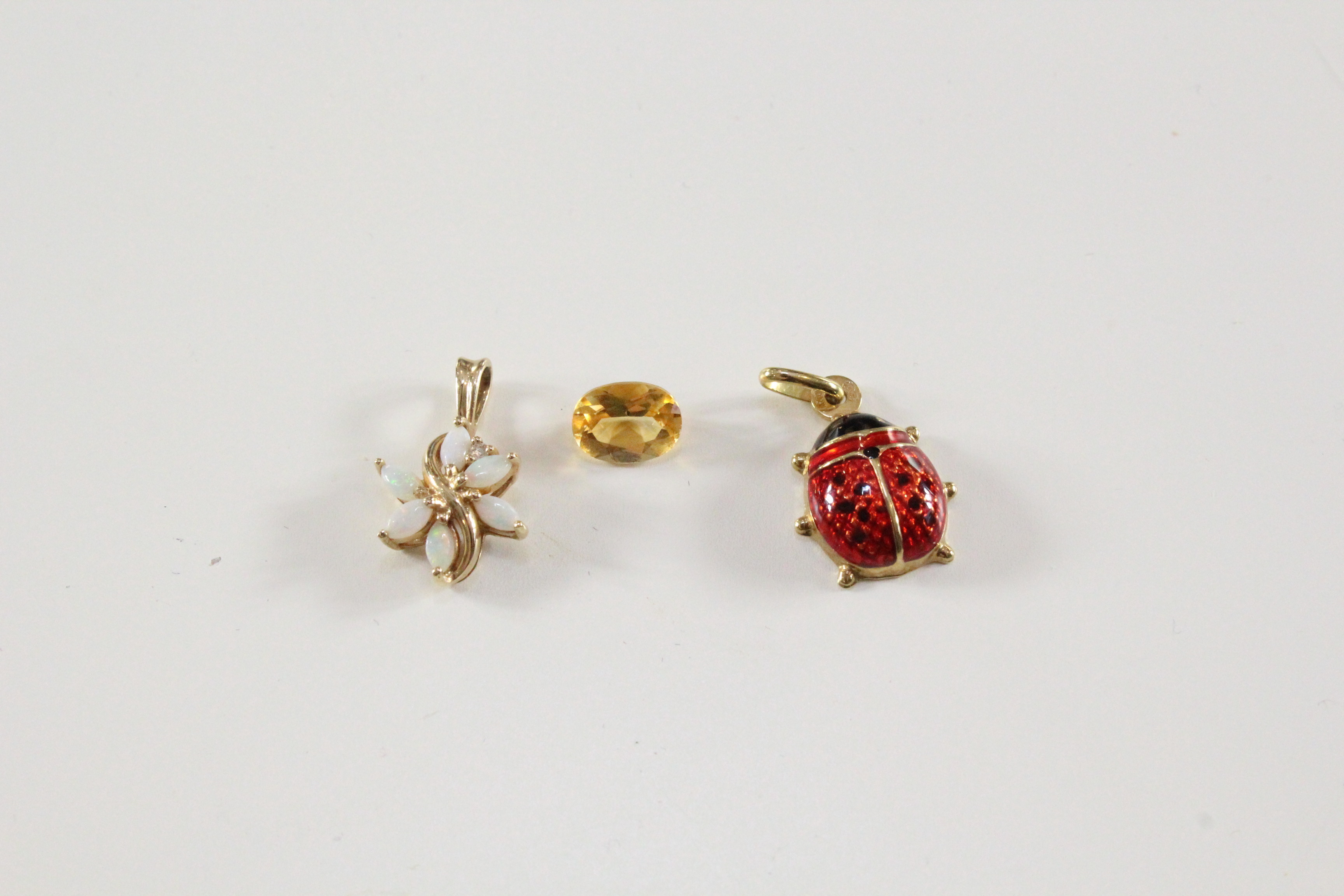 14K Gold Lady Bug Pendant, Opal Floral Pendant, and Citrine Gemstone