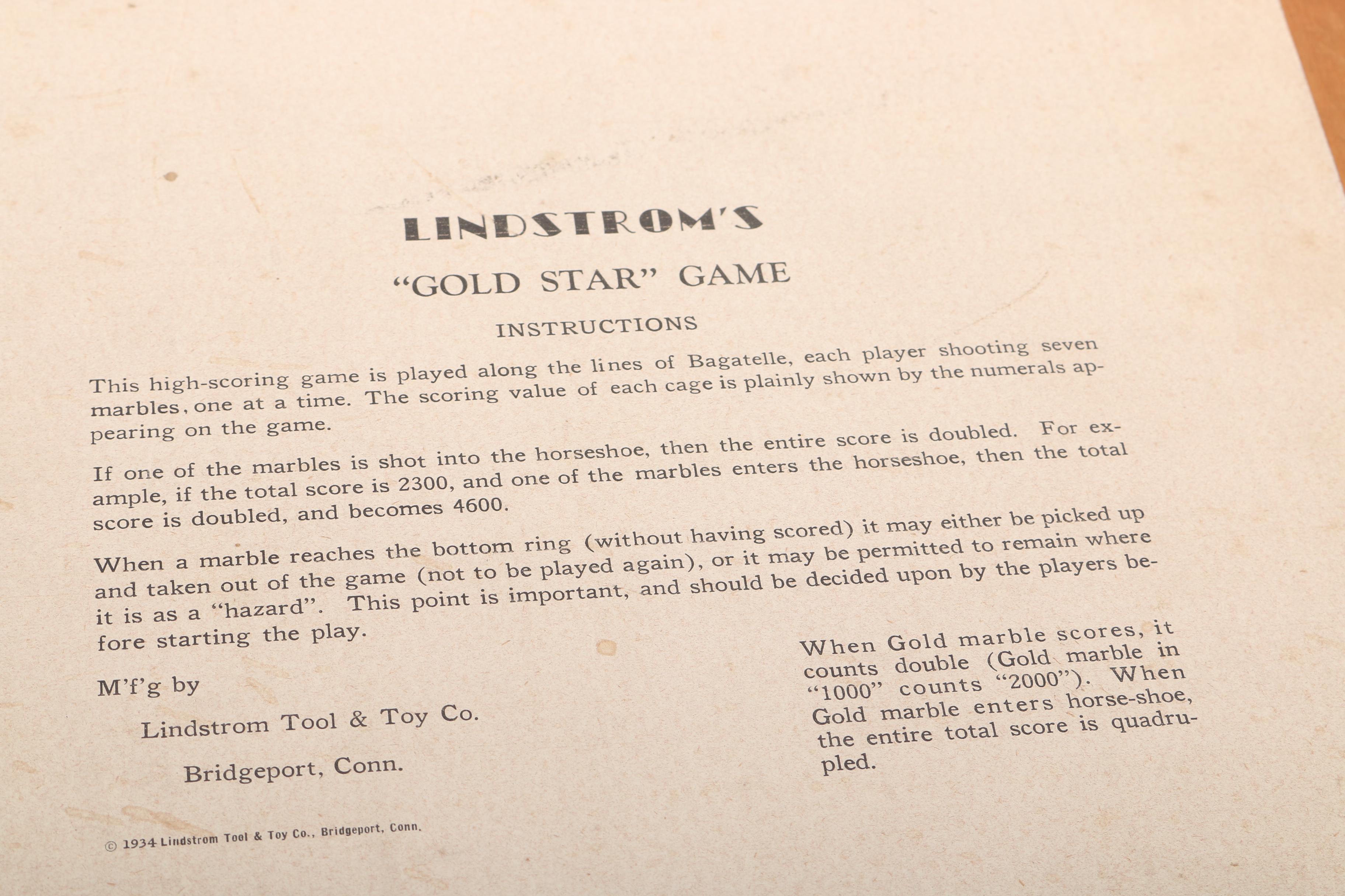 1934 Lindstrom "Gold Star" Bagatelle Tabletop Game
