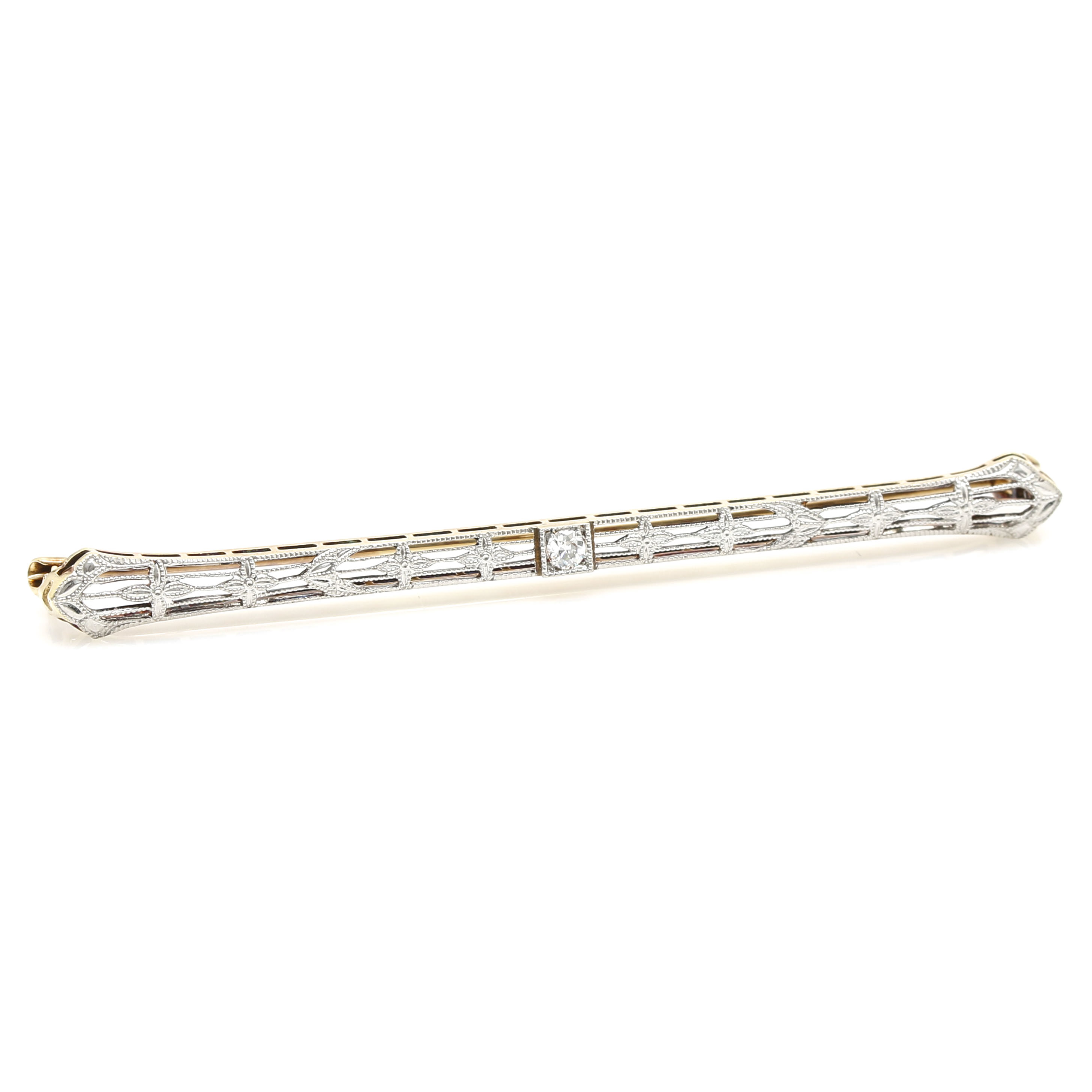 Art Deco 14K Yellow Gold and Platinum Diamond Bar Brooch