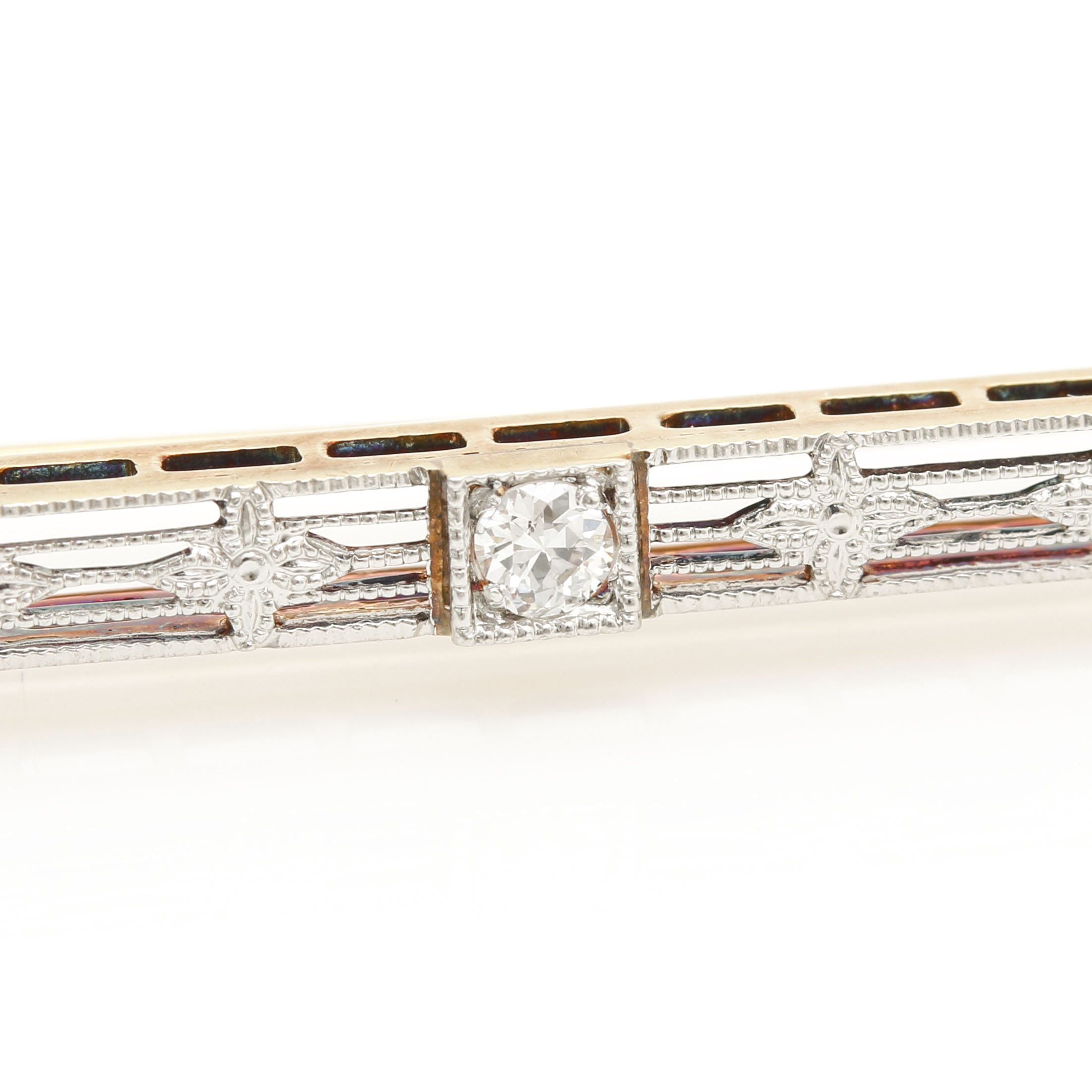 Art Deco 14K Yellow Gold and Platinum Diamond Bar Brooch
