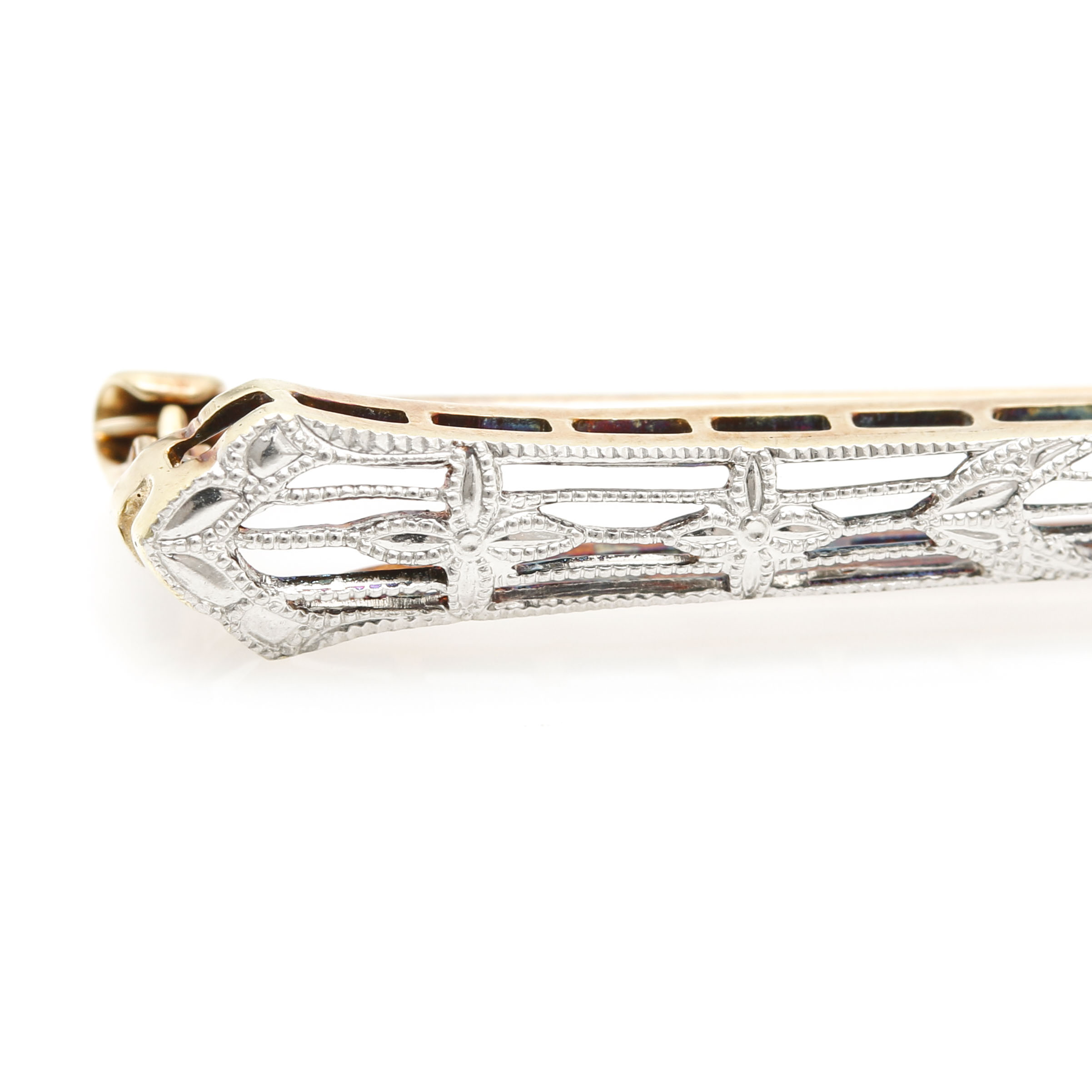 Art Deco 14K Yellow Gold and Platinum Diamond Bar Brooch
