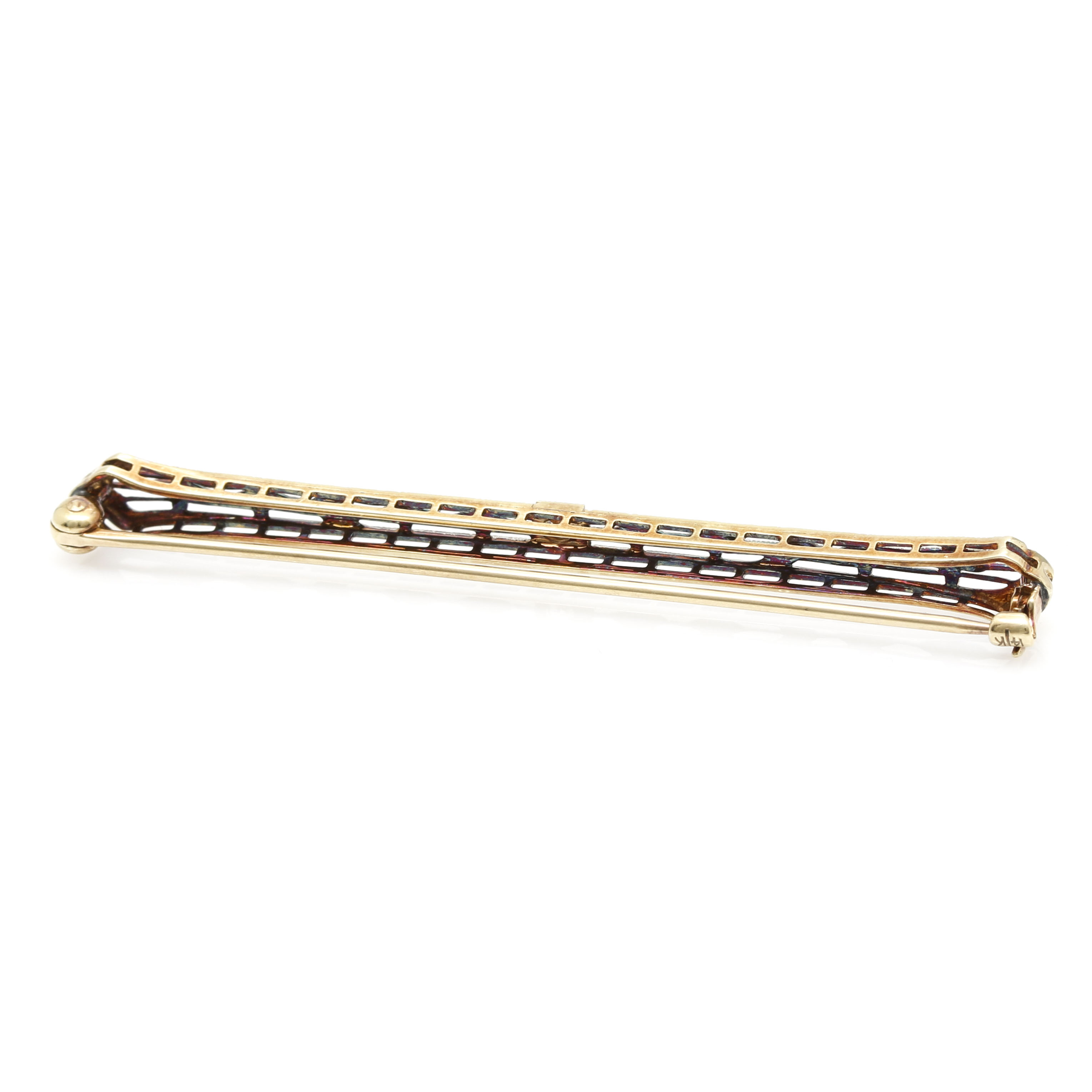 Art Deco 14K Yellow Gold and Platinum Diamond Bar Brooch