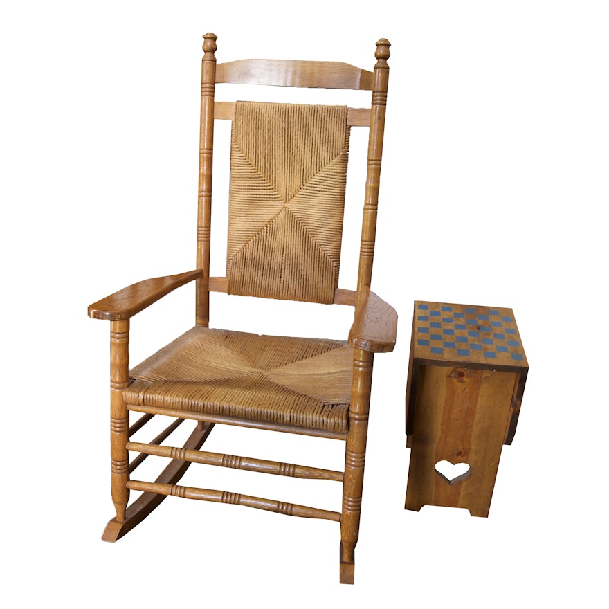 Wood and Rattan Rocking Chair with Checkerboard Side Table